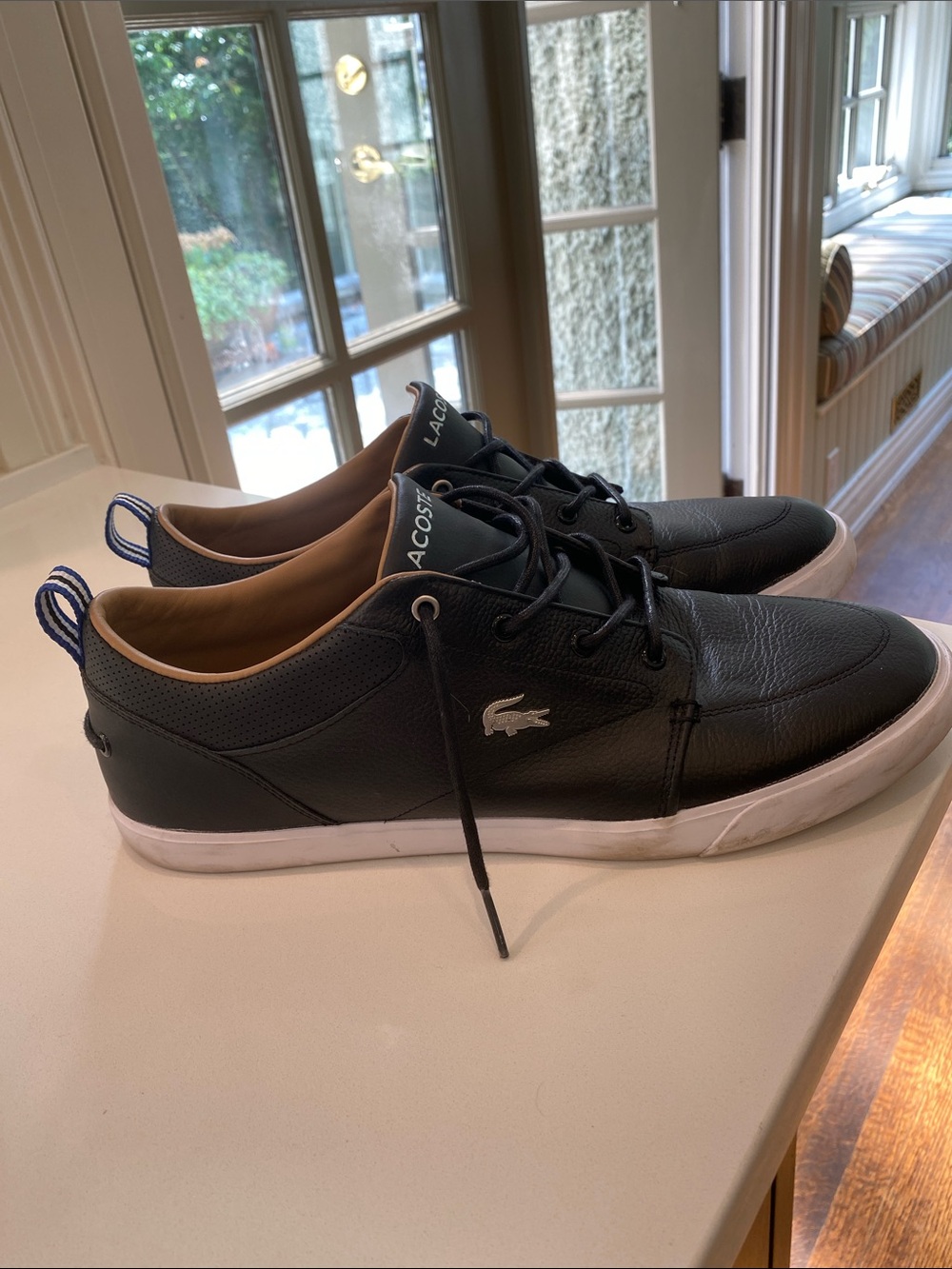 Lacoste Black Leather Boat Shoes with Blue Heel Tabs